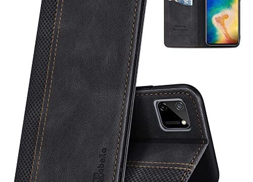 AKABEILA Capa para Oppo Realme C11 2020 Capa de couro PU luxuosa flip para Oppo Realme C11 Capa carteira flip com suporte para cartão fecho magnético suporte à prova de choque 16,5 cm preta