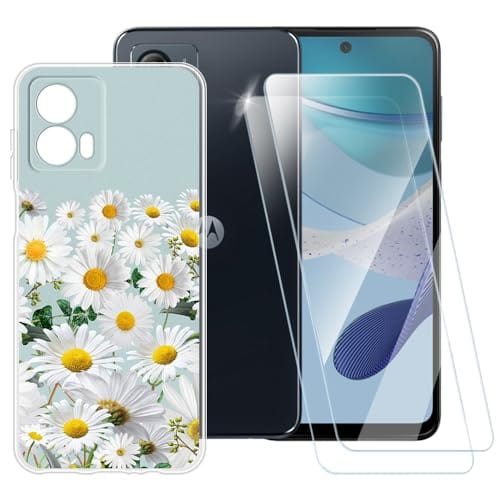 Capa com estampa de margaridas compatível com Motorola Moto G53 5G + [pacote com 2] protetor de tela de vidro temperado, capa à prova de choque para Motorola Moto G53j (6,5 polegadas)