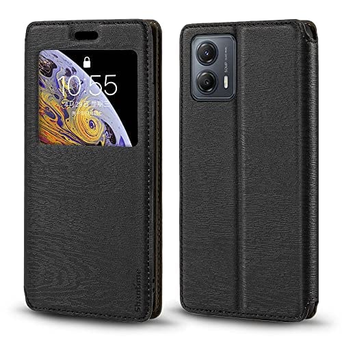 Capa para Motorola Moto G53 5G, capa de couro de grão de madeira com suporte para cartão e janela, capa flip magnética para Motorola Moto G53j (6,5 polegadas) preta