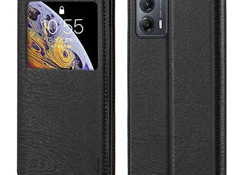 Capa para Motorola Moto G53 5G, capa de couro de grão de madeira com suporte para cartão e janela, capa flip magnética para Motorola Moto G53j (6,5 polegadas) preta