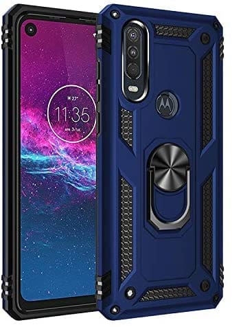 Capa para Motorola One Action Capinha com protetor de tela de vidro temperado [2 Pack], Case para telefone de proteção militar com suporte para Motorola One Action (Azul)