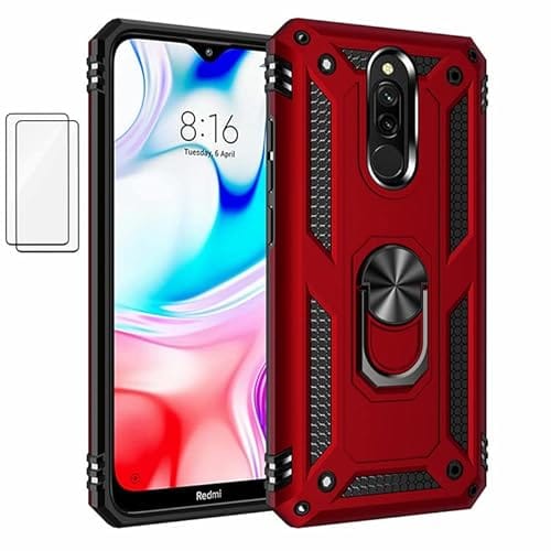 Capa para Xiaomi Redmi 8A Pro Capinha com protetor de tela de vidro temperado [2 Pack], Case para telefone de proteção militar com suporte para Xiaomi Redmi 8A Pro (vermelho)
