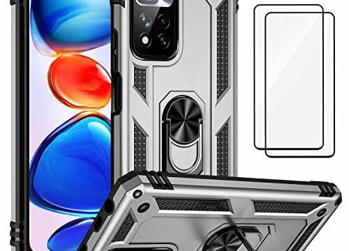 Capa para Xiaomi Redmi Note 11 Pro Plus 5G Capinha com protetor de tela de vidro temperado [2 Pack], Case para telefone de proteção militar com suporte para Redmi Note 11 Pro Plus 5G -Prata