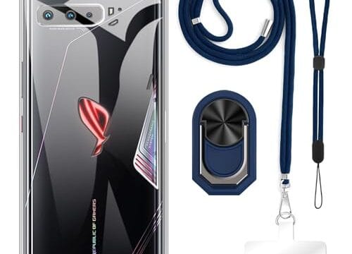 ESACMOT Capa projetada para Asus ROG Phone 3 ZS661KL (16.7 cm) + cordões de pescoço e transversal ajustáveis, alça de pulso macia e suporte de anel de dedo estilo mecha com suporte