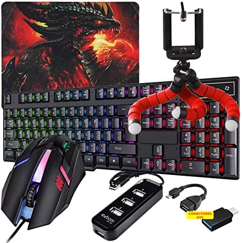 Kit Mobilador Para Celular Gamer Teclado Led Rgb + Mouse Gamer 1600dpi + Suporte Celular + Conectores (TIPO C)