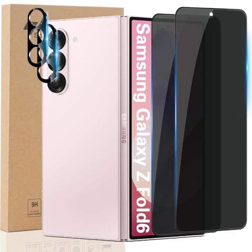Protetor de tela de privacidade para Samsung Galaxy Z Fold 6, 2 películas antiespionagem de vidro temperado frente/traseira + 2 películas protetoras de lente de câmera 28° antiespião, compatível com