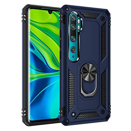 SORAKA Capa para Xiaomi Mi Note 10 Lite com suporte de anel capa armadura Xiaomi Mi Note 10 Lite capa traseira de policarbonato rígido com placa de metal para suporte magnético de telefone carro azul