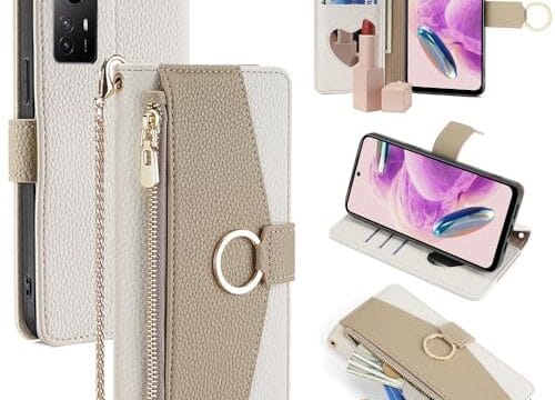 YOUULAR Capa carteira com alça transversal compatível com Xiaomi Redmi 10 Prime 2022/Redmi 10 2022/Redmi 10, capas de bolso com zíper magnético, capa flip de couro PU à prova de choque com suporte branco