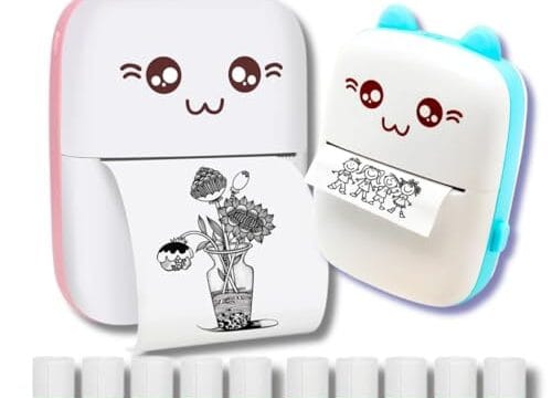 Mini impressora térmica portátil sem fio 200dpi (Azul) + 10 rolos papel adesivo térmico e 1 rolo comum 57 * 30mm impressão bluetooth para fotos scanners, etiquetas (azul)