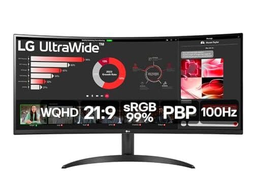 Monitor LG UltraWide Curvo - Tela VA de 34”, WQHD 3440 x 1440, 21:9, sRGB 99%, HDR10, PBP, OnScreen Control, Modo Leitura e Flicker Safe, 100Hz, AMD FreeSync™ - 34WR50QC-B