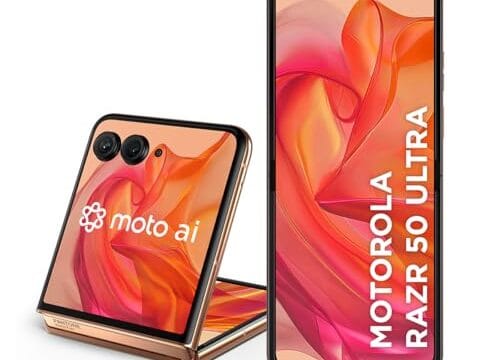 Smartphone Motorola Razr 50 Ultra - 512GB 24GB (12GB RAM+12GB Ram Boost) Tela dobrável 6,9" pOLED e externa 4” Moto AI camera IPX8 Peach Fuzz - Vegan Leather