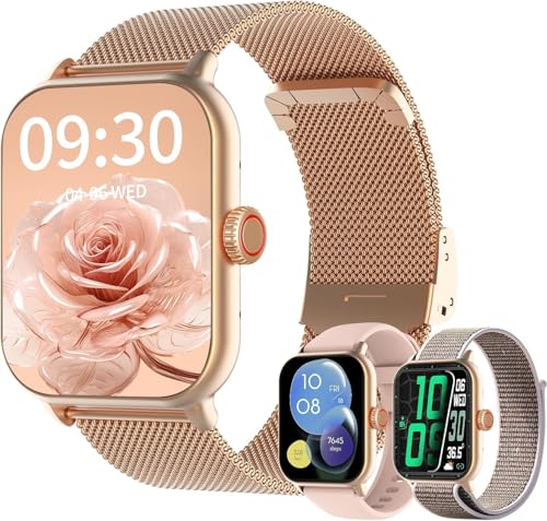 Smartwatch Tela Full Touch 1.85", Resistente à Água IP68, Compatível com iOS e Android, 120+ Modos Esportivos, Assistente de Voz, Faz e Recebe Ligações, Unissex, 3 Pulseiras (Ouro)