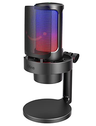 FIFINEUSB Microfone jogos para PC,streaming,podcasts,gravação,microfono condensador de mesa para computador,compatível com Mac/PS4/PS5,com controle RGB,toque mudo,conector para fone ouvido- A8 Preto