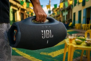 JBL Boombox 4 sendo carregada em rua pintada para a Copa com bandeirinhas ao fundo