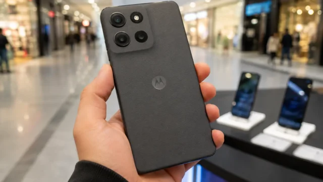 Mão segurando celular Motorola em shopping, com vitrines desfocadas ao fundo, sugerindo comparação de modelos 256GB até R$ 1.000.