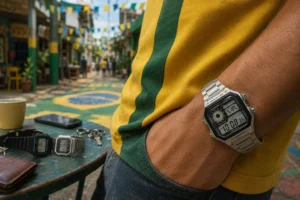 Relógio Casio vintage no pulso em mesa de trabalho com celular, carteira e chaves ao fundo