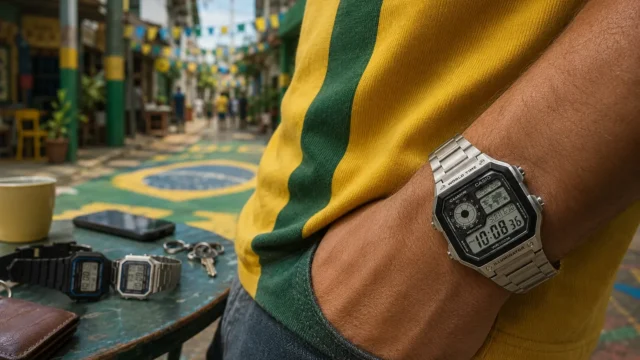 Relógio Casio vintage no pulso em mesa de trabalho com celular, carteira e chaves ao fundo