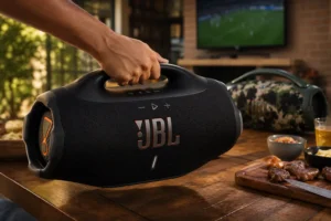JBL Boombox 4 em área gourmet com churrasqueira ao fundo, representando comparação com a Boombox 3 para uso em festas e churrascos