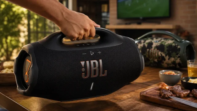 JBL Boombox 4 em área gourmet com churrasqueira ao fundo, representando comparação com a Boombox 3 para uso em festas e churrascos