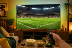 Smart TV de 75 polegadas em sala de estar aconchegante exibindo jogo de futebol, com controle remoto, petiscos e decoração verde e amarela em clima de Copa.