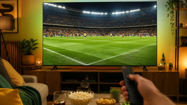 Smart TV de 75 polegadas em sala de estar aconchegante exibindo jogo de futebol, com controle remoto, petiscos e decoração verde e amarela em clima de Copa.