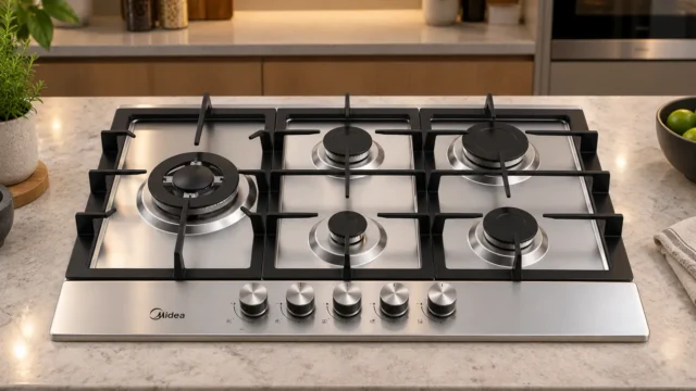 Cooktop 5 bocas: inox no Midea, vidro preto em Philco e Itatiaia