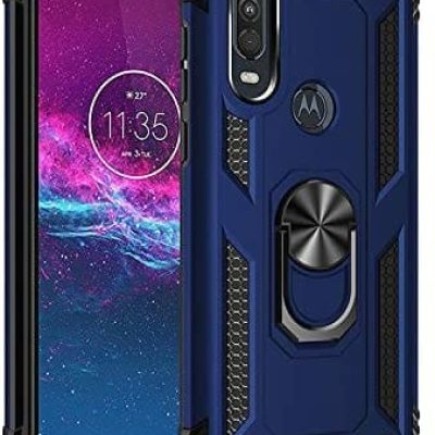 Capa para Motorola One Action Capinha com protetor de tela de vidro temperado [2 Pack], Case para telefone de proteção militar com suporte para Motorola One Action (Azul)