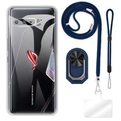 ESACMOT Capa projetada para Asus ROG Phone 3 ZS661KL (16.7 cm) + cordões de pescoço e transversal ajustáveis, alça de pulso macia e suporte de anel de dedo estilo mecha com suporte
